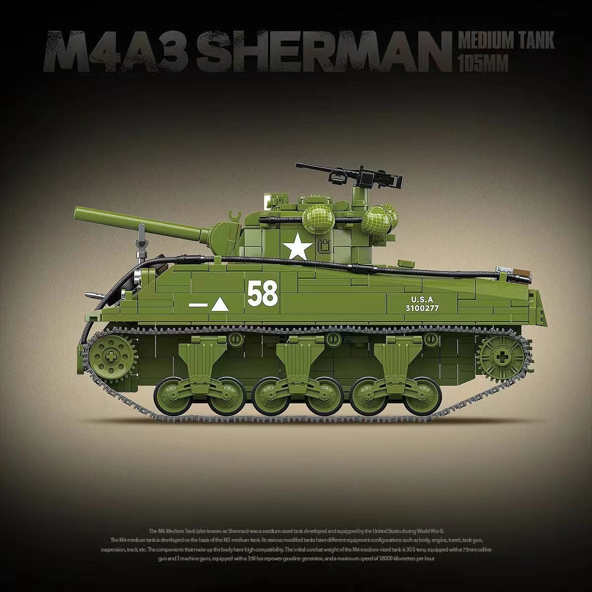 Quanguan 100277 M4A3 Sherman Medium Tank 105mm-Afobrick